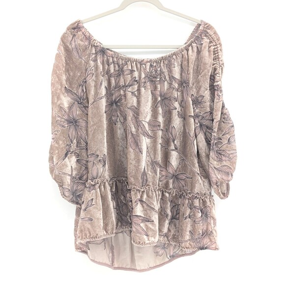 Democracy Velvet Floral Mauve Off Shoulder 3/4 Sleeve Ruffle Blouse Size Large - Picture 1 of 7